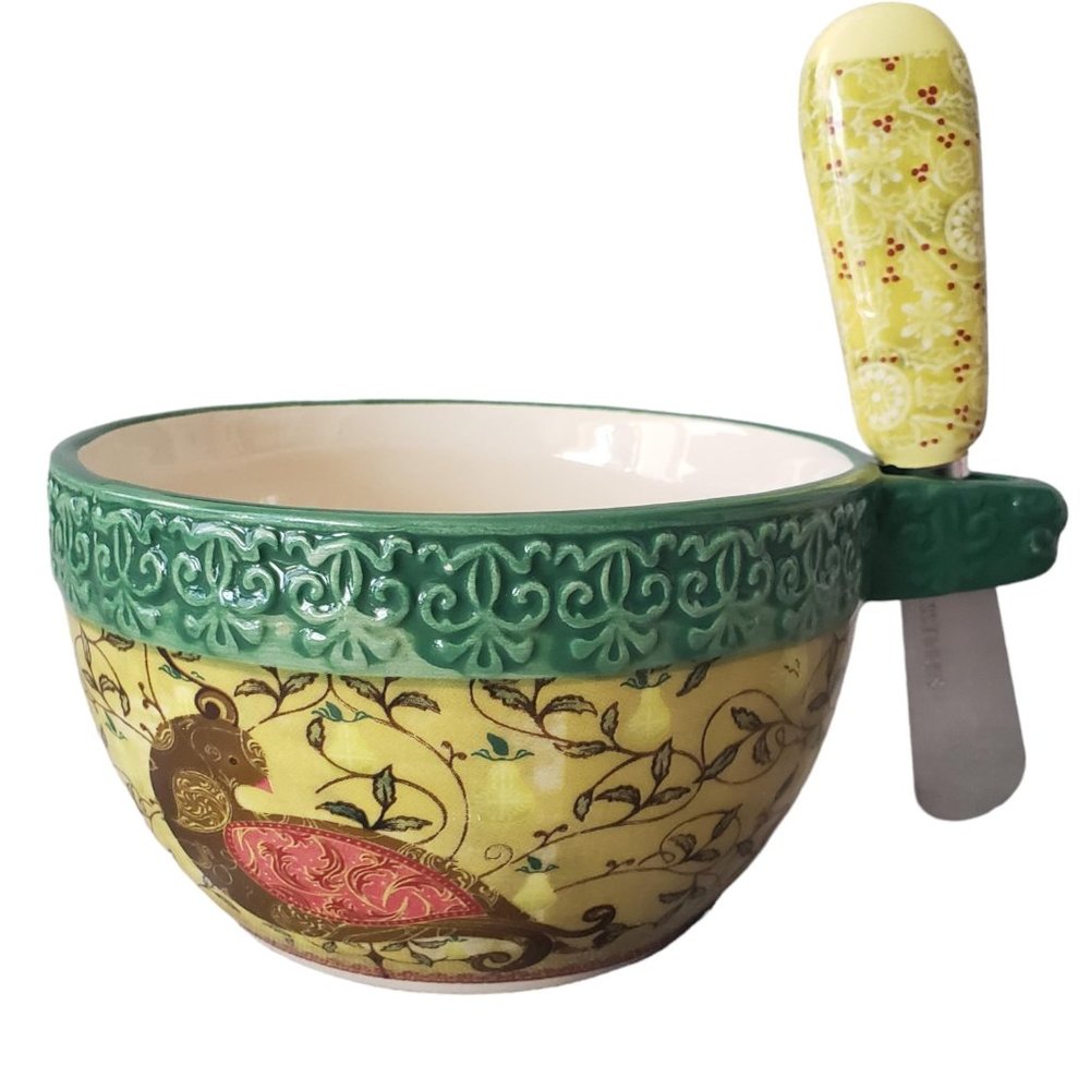 Partridge Bird Floral Pattern Serving Dip Bowl & Spreader -Jo-Anne 2013 Boxed